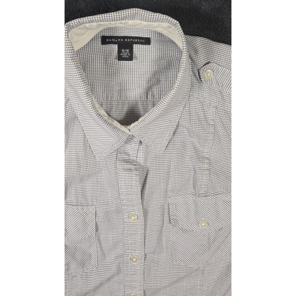 Banana Republic Button Up Shirt Women Medium White Navy Checked 100% Cotton Logo - Picture 2 of 10